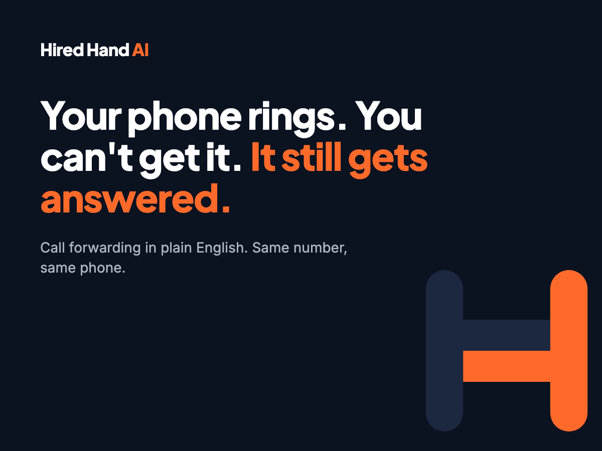 Hired Hand AI graphic reading Your phone rings. You can't get it. It still gets answered. Call forwarding in plain English. Same number, same phone.