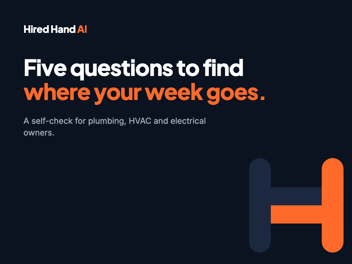 Hired Hand AI graphic reading Five questions to find where your week goes, a self-check for plumbing, HVAC and electrical owners.