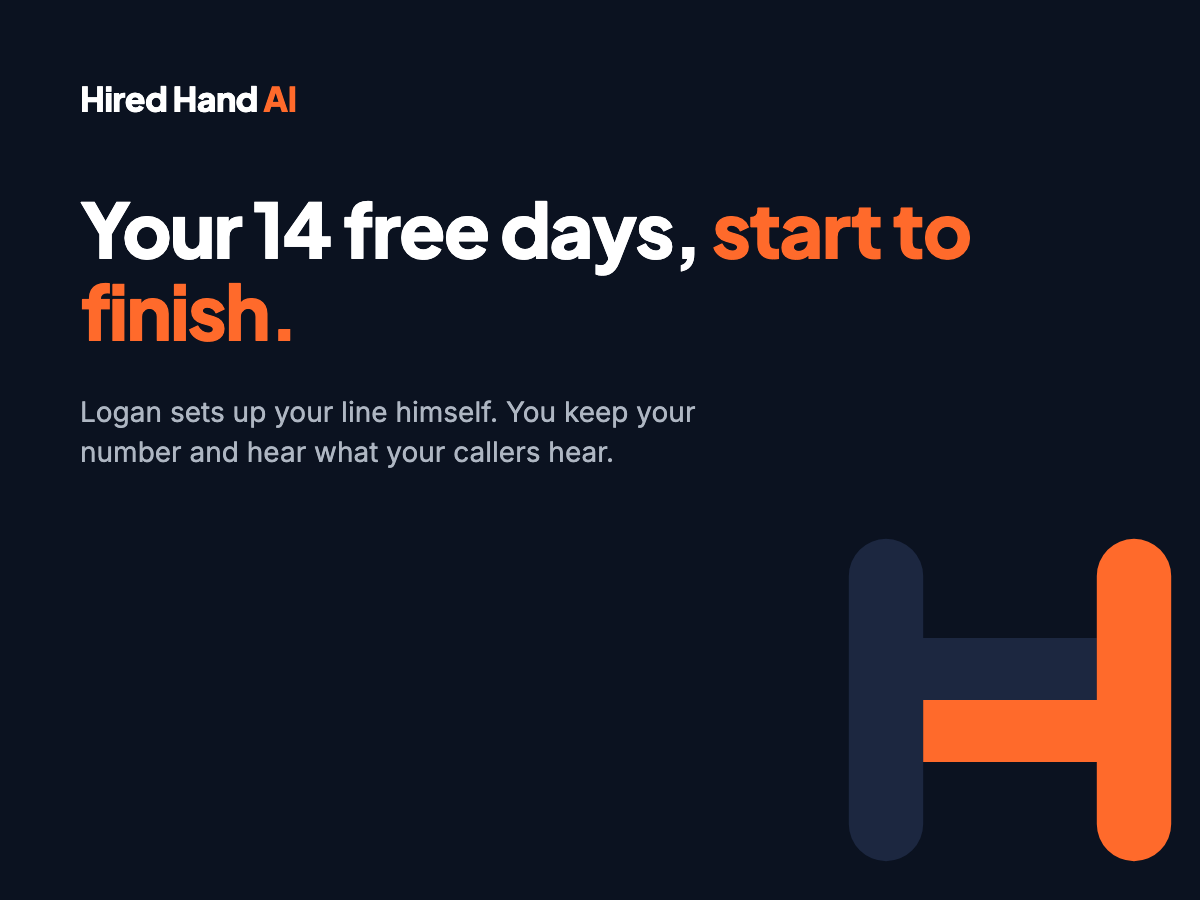 Hired Hand AI graphic reading Your 14 free days, start to finish. Logan sets up your line himself.