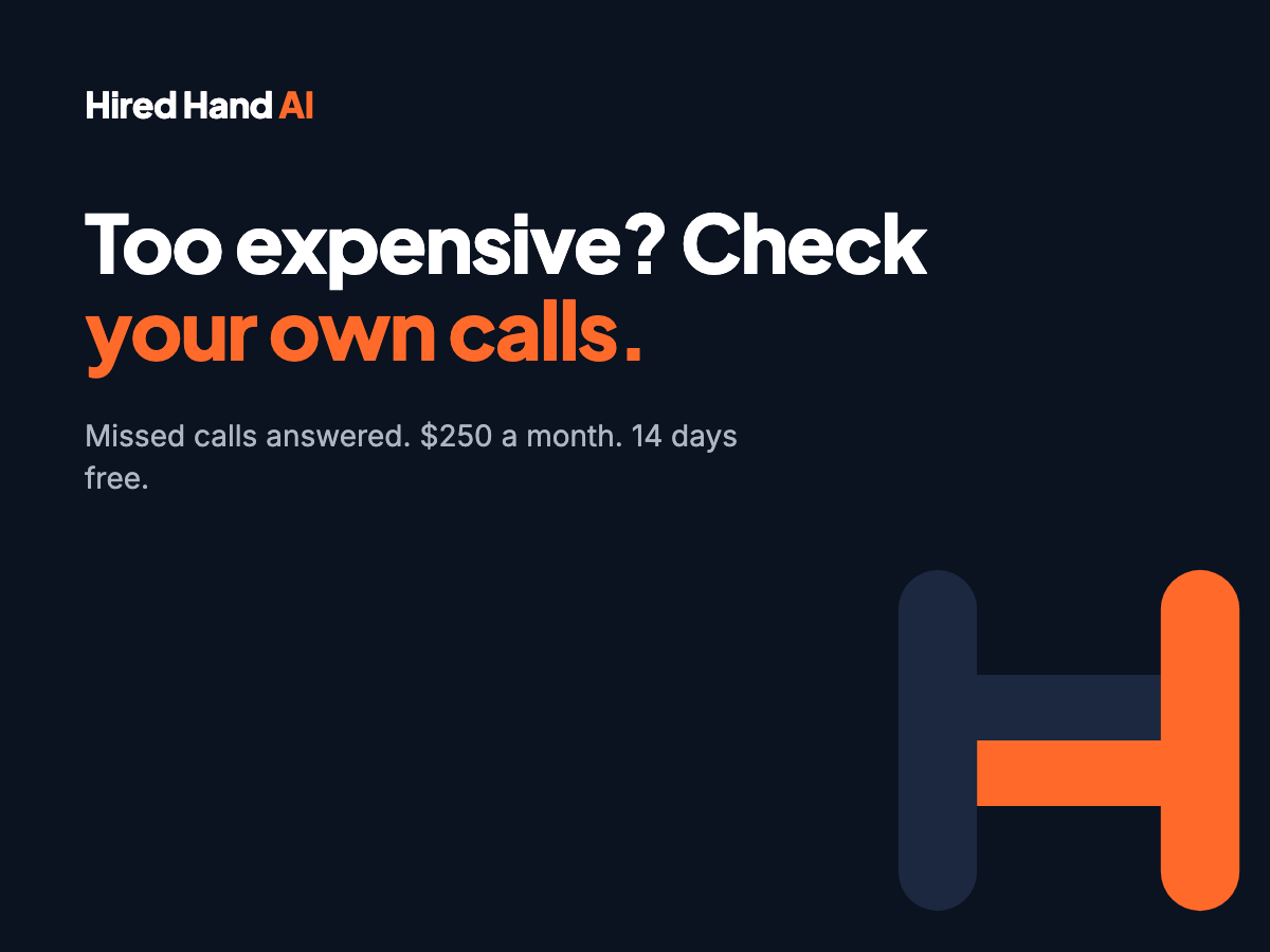 Hired Hand AI graphic reading Too expensive? Check your own calls. Missed calls answered. $250 a month. 14 days free.