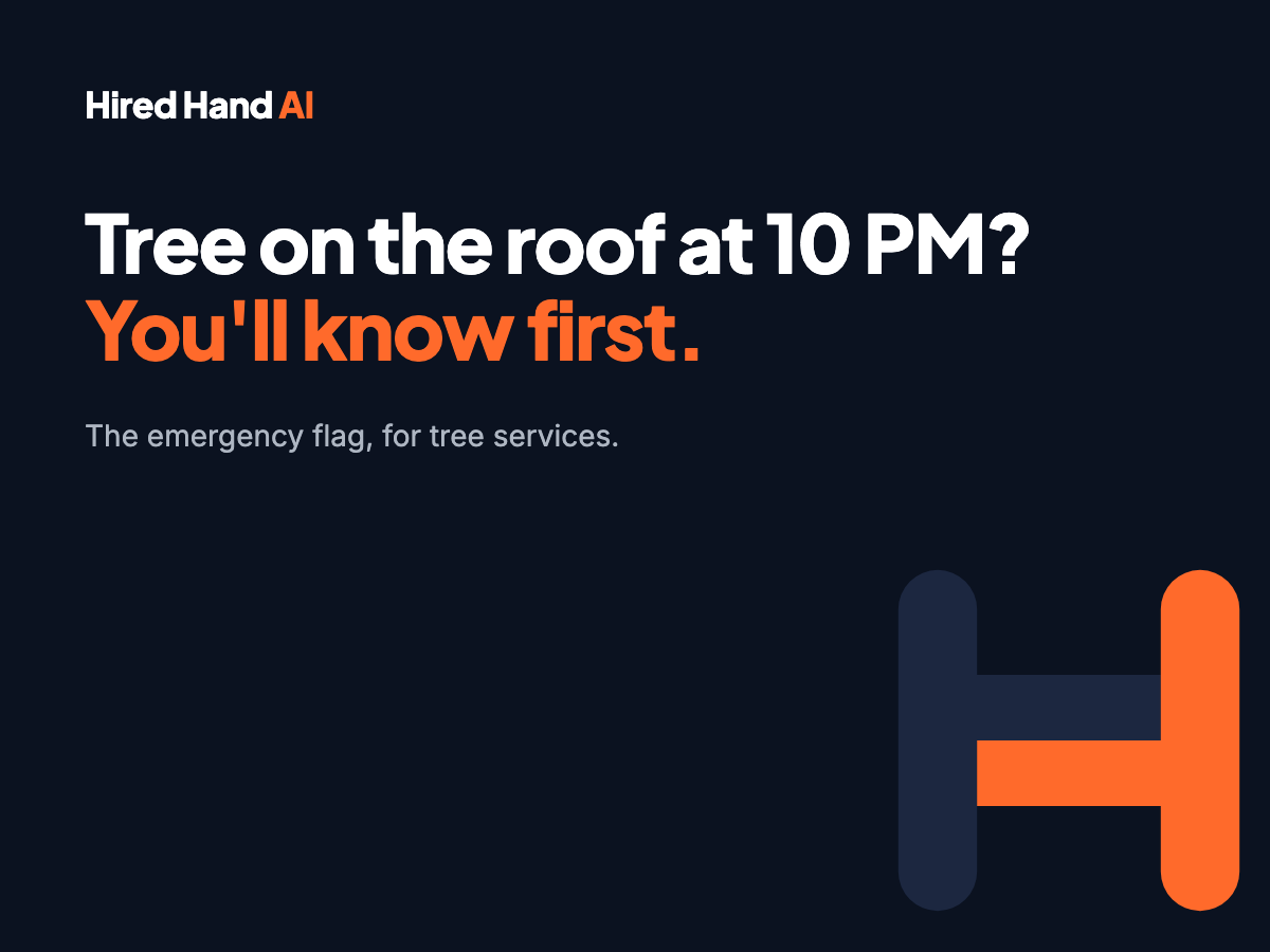Hired Hand AI graphic reading Tree on the roof at 10 PM? You'll know first. The emergency flag, for tree services.